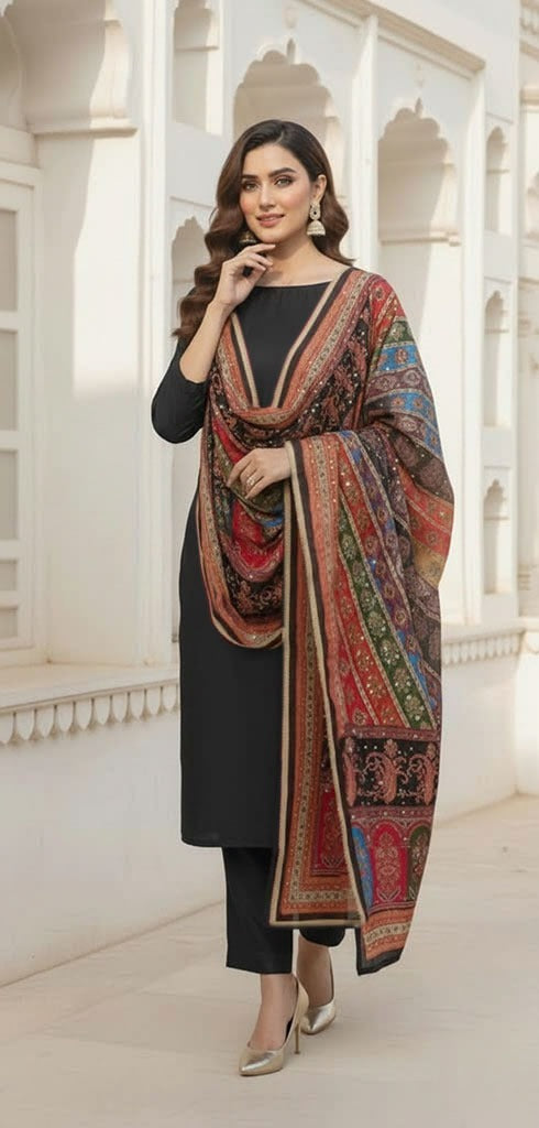 Colourful Ethnic Suit Set With Spectacular Embellished Mirrored Dupatta