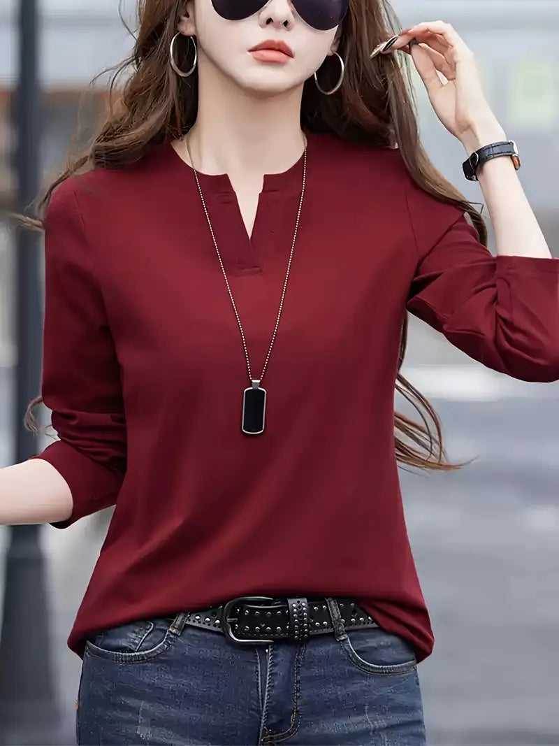 NISWA STYLE Elegant Women’s Blouse, Solid Color Long Sleeve V-Neck Shirt, Flowy Button-Up Formal Outfits