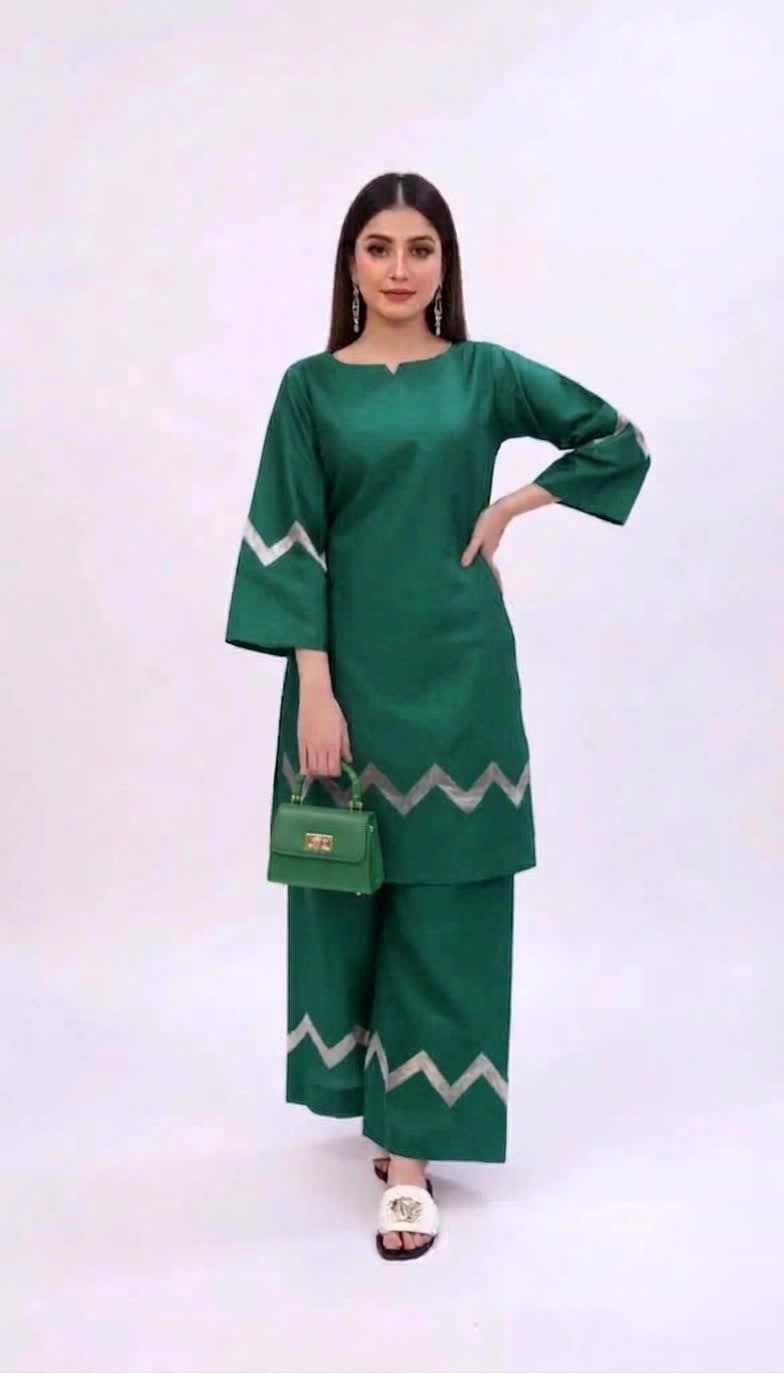 Elegant Royal Blue Silk Kurti & Wide-Leg Trouser Set – Women’s 2-Piece Outfit With Silver Zigzag Detailing
