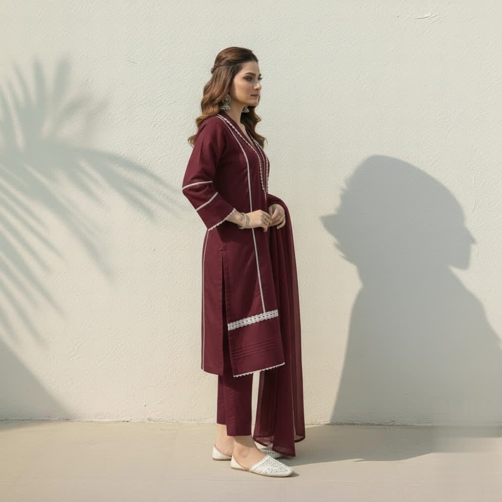 Classic Solid Cotton Ethnic 3-Piece Suit With Lace Embellishment