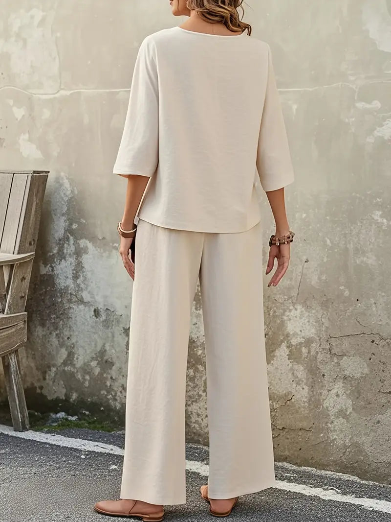 Women’s Casual Two-Piece Set – Long Sleeve Pullover With Fake Buttons & Pleated Wide-Leg Pants, All-Season Outfit