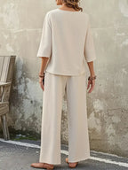 Women’s Casual Two-Piece Set – Long Sleeve Pullover With Fake Buttons & Pleated Wide-Leg Pants, All-Season Outfit