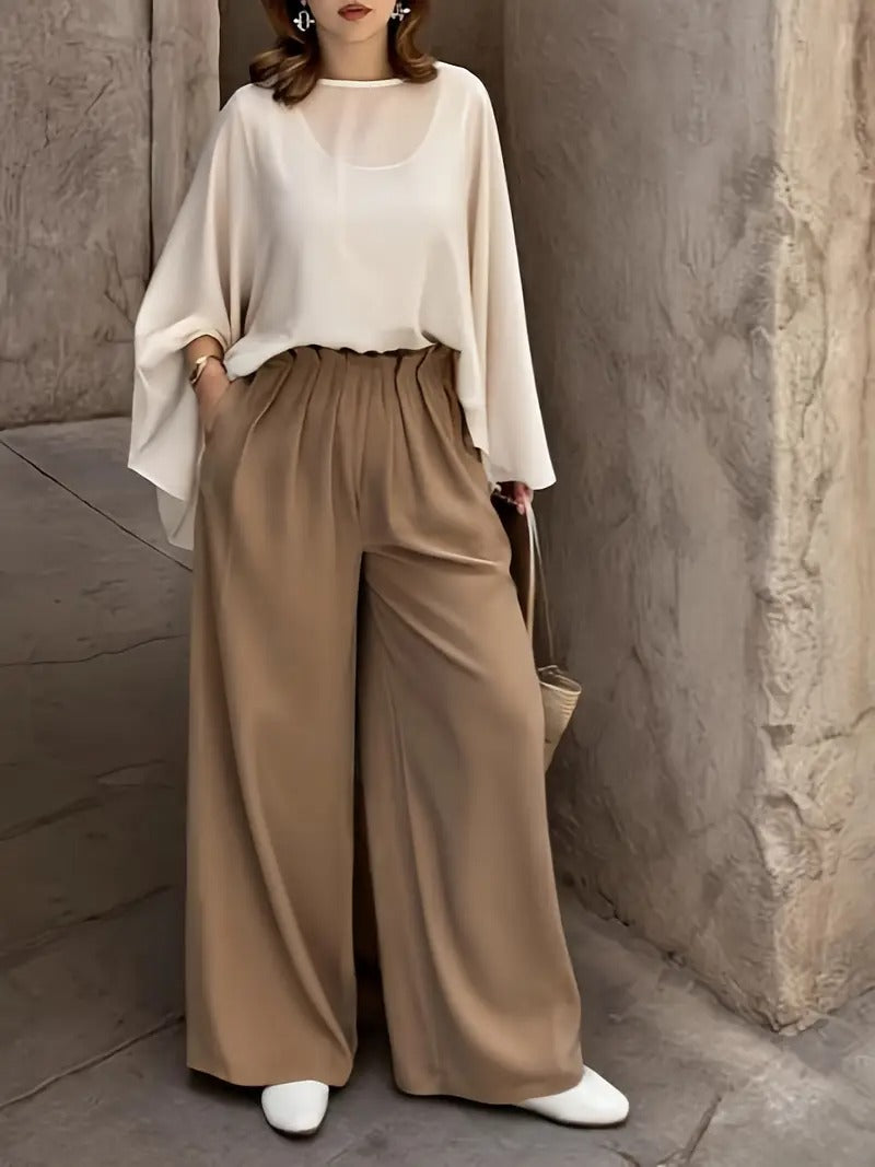 Chic Beige, Ruffled Hem, Button-Up Front - Casual Outfit - Ruffled Hem Top - Button-Up Blouse - Women’s Two-Piece Set