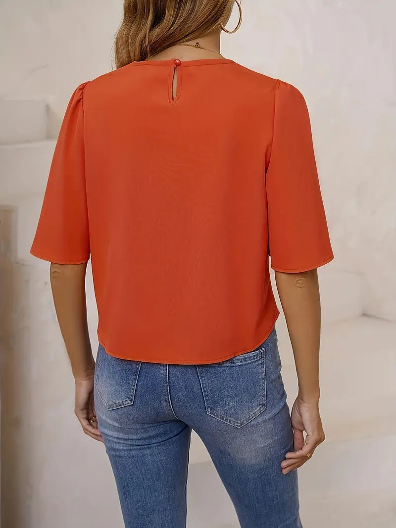Elegant Non-See-Through Round Neck Shirt, Lightweight And Breathable Top For Formal And Casual Wear
