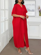 Women’s Elegant V-Neck Short Sleeve Maxi Dress – Flowy Fit, Glossy Finish – Perfect For Casual & Formal Wear