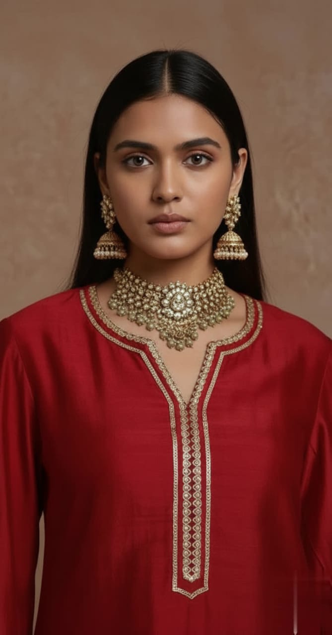 Elegant Red Chanderi Kurta – Traditional Straight-Cut Suit With Gold Gota Work, Lace Border, Flared Sleeves & Lined Finish