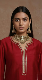 Elegant Red Chanderi Kurta – Traditional Straight-Cut Suit With Gold Gota Work, Lace Border, Flared Sleeves & Lined Finish
