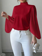 Elegant Red Ruffle Sleeve Blouse – Stand Collar Button-Up Long Sleeve Shirt For Women | Feminine Chic Ruffle Detail Blouse