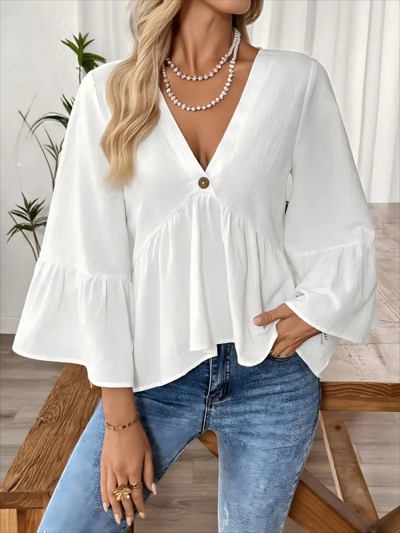 V-Neck Puff Sleeve Blouse, Asymmetrical Hem, Smock Neckline, A-Line Casual To Semi-Formal Tunic Top
