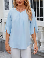 Elegant Puff Sleeve Blouse – Round Neck Button-Front Slit Hem, Short Jacket-Inspired Top For Casual And Office Wear