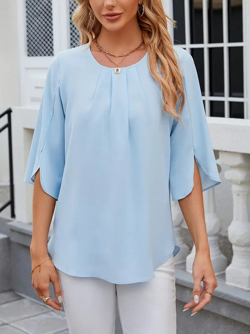 Elegant Puff Sleeve Blouse – Round Neck Button-Front Slit Hem, Short Jacket-Inspired Top For Casual And Office Wear