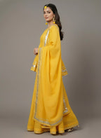 Yellow Flared Short Shirt Lehenga Dress, Stylish 3-Piece Ethnic Set With Embellished Dupatta With Decorative Silver Border