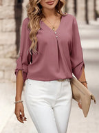 Button-Up Women’s Shirt, V-Neck Long Sleeve Blouse With Sophisticated Design, Casual And Office Fashion Top