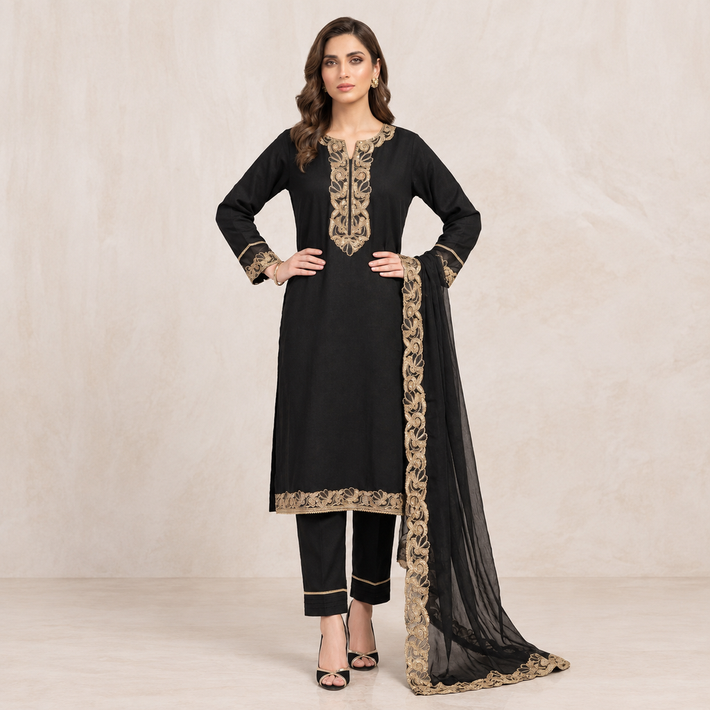 Black Embroidered Lace Three Piece Suit