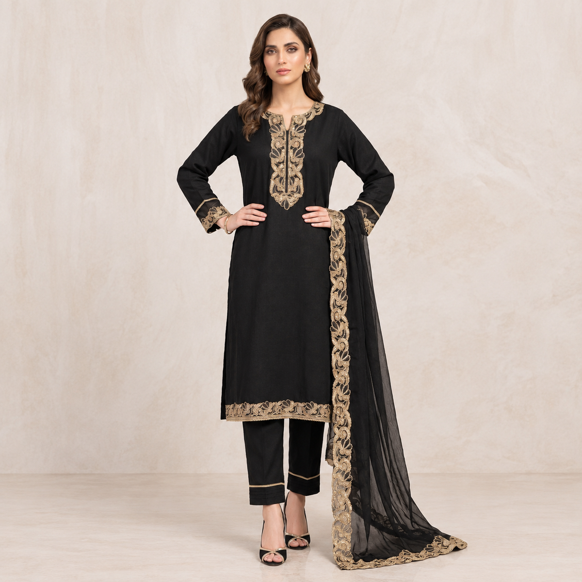 Black Embroidered Lace Three Piece Suit