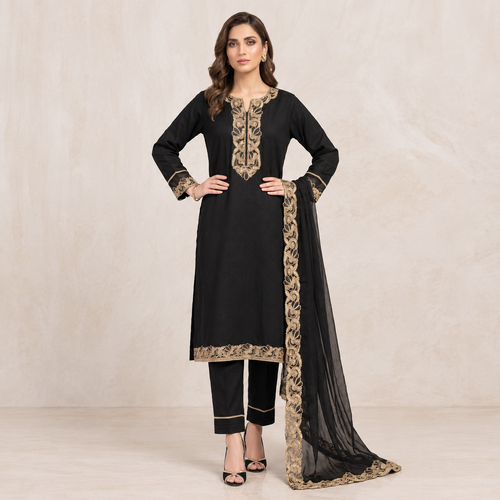 Black Embroidered Lace Three Piece Suit