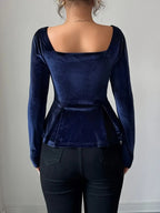 Elegant Velvet V-Neck Long Sleeve Top – Soft Button-Up Shirt With Ruffled Hem
