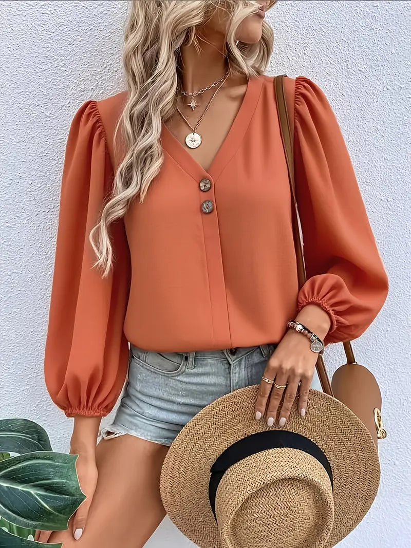 Elegant Long Sleeve V-Neck Blouse – Easy-Care Chic Top, Breathable Fabric, Stylish Shirt For Women