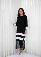 Elegant Black & White Layered Midi Dress For Women – Contrast Panel Straight Fit Dress With 3/4 Sleeves & Sheer Hem - Modest Office & Formal Wear