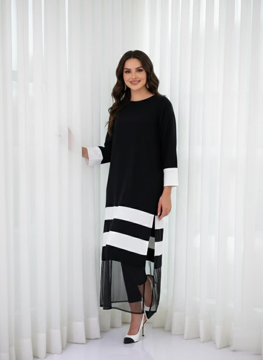 Elegant Black & White Layered Midi Dress For Women – Contrast Panel Straight Fit Dress With 3/4 Sleeves & Sheer Hem - Modest Office & Formal Wear