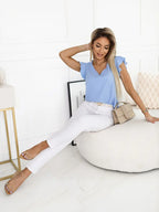 Casual V-Neck Blouse With Ruffle Sleeves – Lightweight Top, Button-Up Front Shirt, Everyday Casual Wear