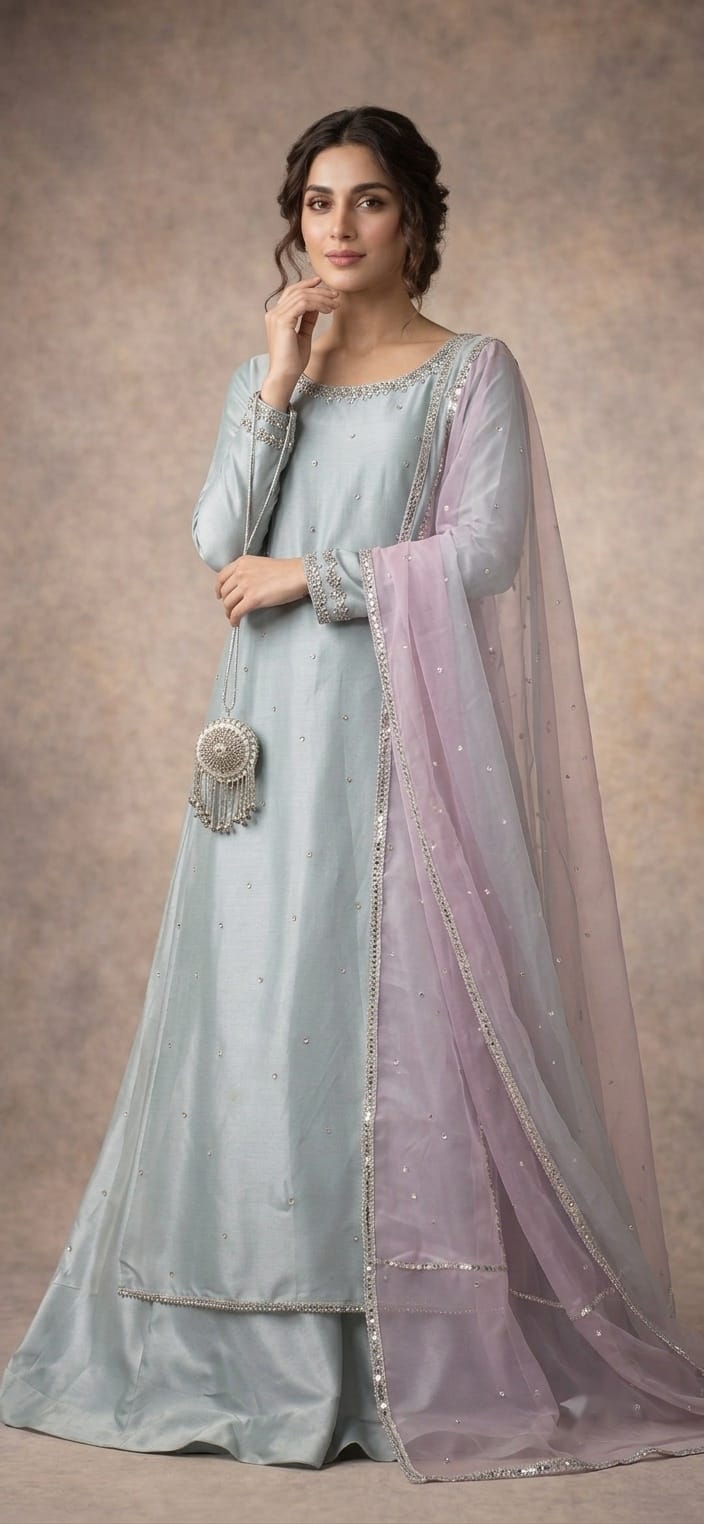 Elegant Pastel Blue & Lilac Silk Shirt Trouser Set With Dual-Tone
