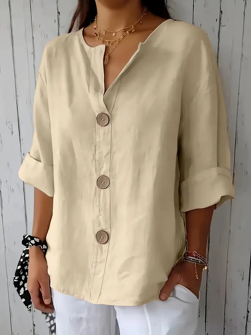 Classy Loose-Fit Blouse, Round Neck Short Sleeve Top With Decorative Button Details, Relaxed Fit, Everyday & Leisure Outfits