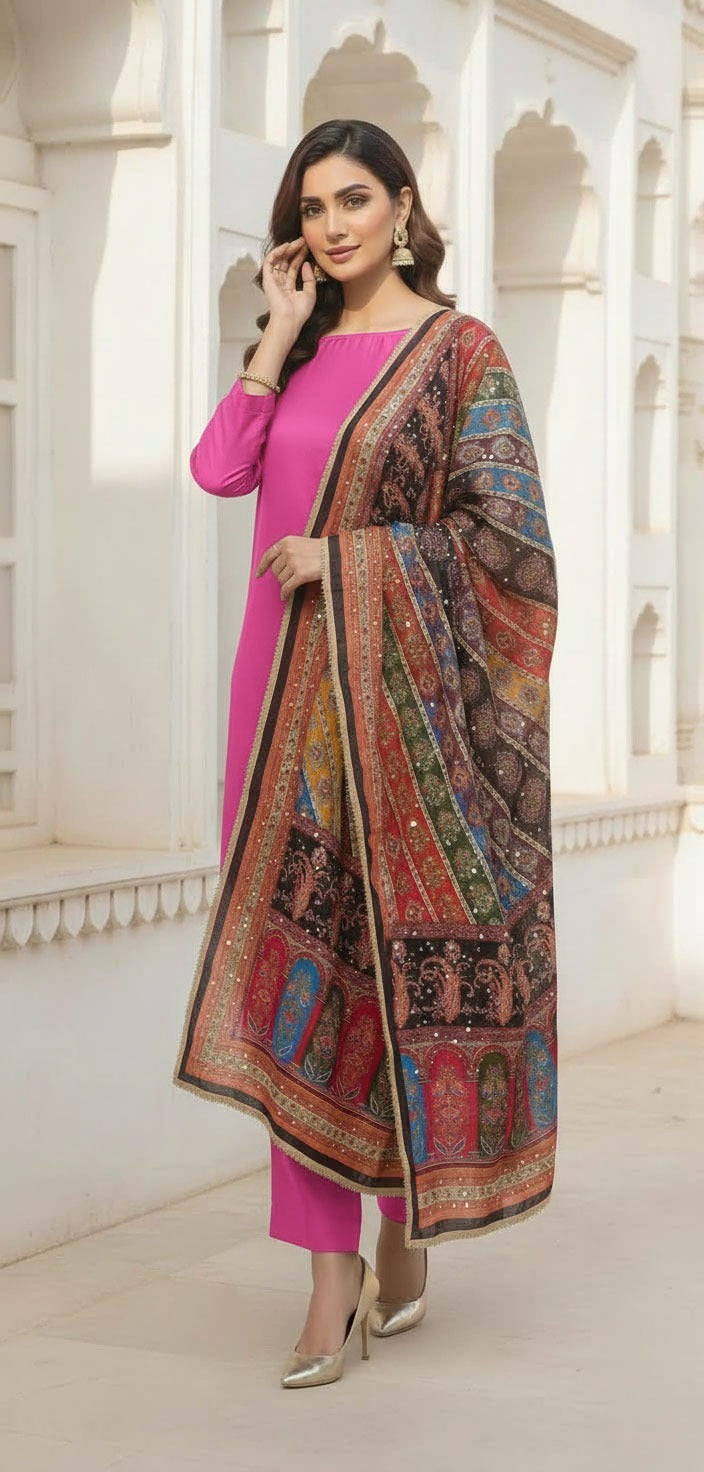 Colourful Ethnic Suit Set With Spectacular Embellished Mirrored Dupatta
