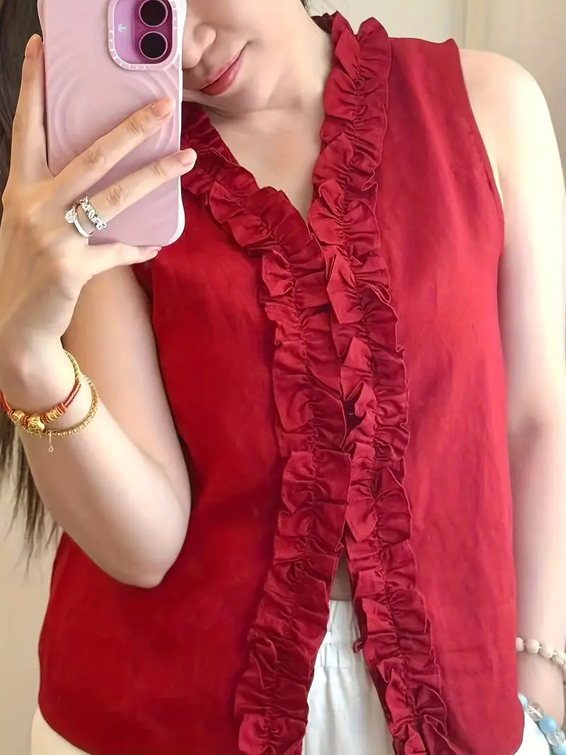 Elegant Red Lace Blouse, Sleeveless Top, Chic Age-Defying Lightweight Lace Design Shirt For Modern Fashion