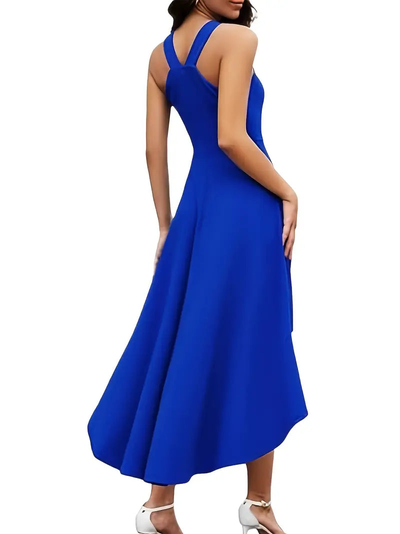 Elegant Royal Blue V-Neck Party Dress – Women’s Asymmetrical Hem Cocktail Dress, Fitted  Premium Quality Cocktail Gown For Special Occasions