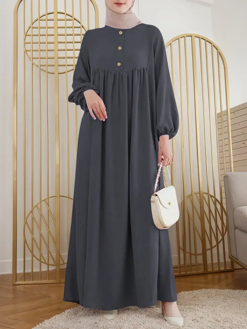 Elegant Long Sleeve Kaftan Dress, Modest Fashion Loose Fit With Button-Front Design, Smooth Fabric, Perfect For Casual & Formal Wear