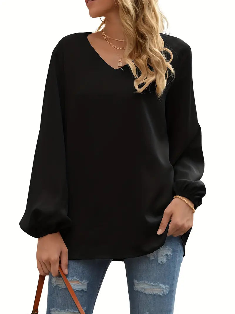 Casual V-Neck Long Sleeve Blouse, Lantern Sleeve Pullover Shirt, Lightweight Top For Seasonal Wear