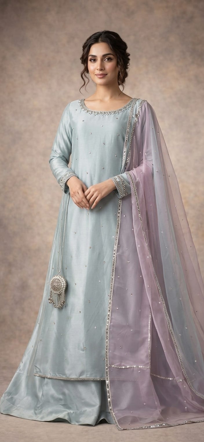 Elegant Pastel Blue & Lilac Silk Shirt Trouser Set With Dual-Tone