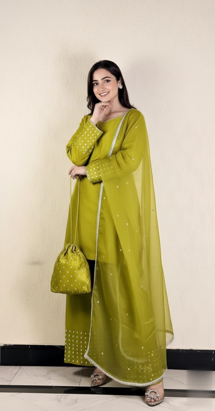 Designer Silk Short Shirt & Shalwar Set With Crystal Detailing.