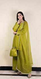 Designer Silk Short Shirt & Shalwar Set With Crystal Detailing.