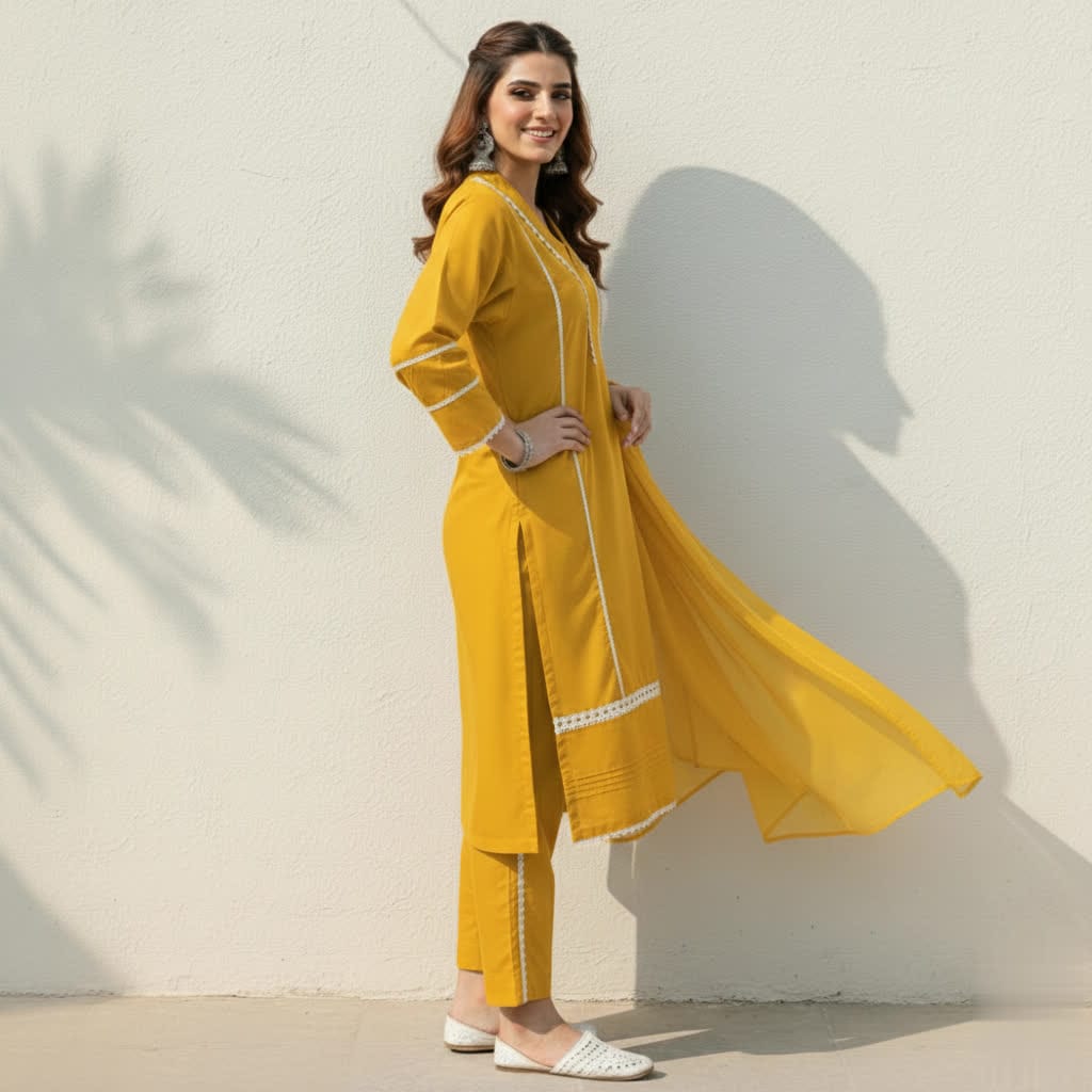 Classic Solid Cotton Ethnic 3-Piece Suit With Lace Embellishment