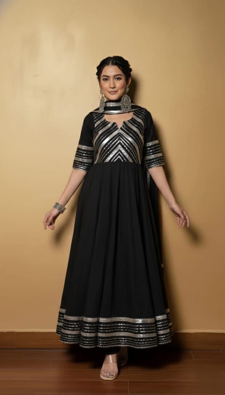 Premium Black Gota Patti Anarkali Pant Set For Women – Silk Long Anarkali With Different Shade Chiffon Dupatta & Embellished Pants.