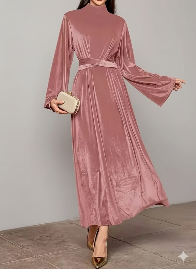 Elegant Full-Length Velvet Maxi Dress For Women, Long Sleeve Gown With Belt, Zipper Back And Tie Detail  Formal Evening Dress