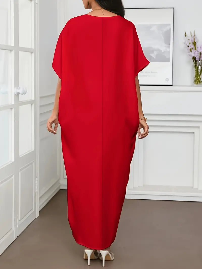 Women’s Elegant V-Neck Short Sleeve Maxi Dress – Flowy Fit, Glossy Finish – Perfect For Casual & Formal Wear