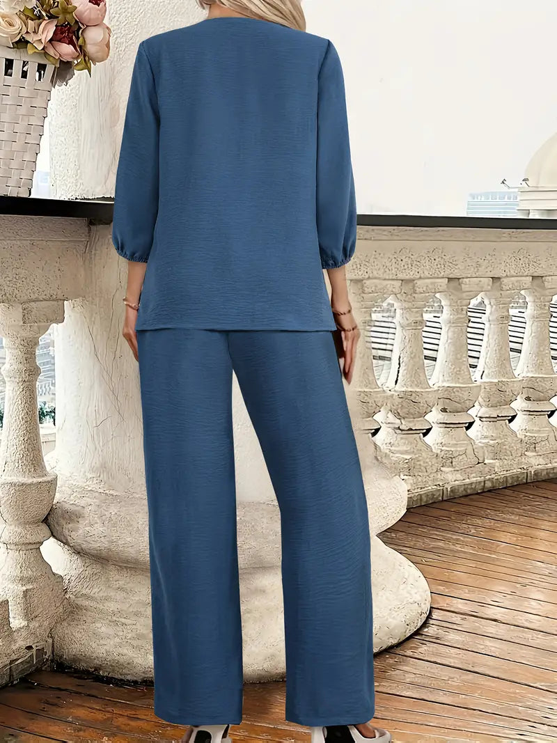 Women’s V-Neck Lantern Sleeve Two-Piece Set – Chic Outfit With Drawstring Waist Top & Flared Pants, Elegant Casual Fashion Suit