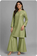 Premium Silk Bell- Bottom Suit – Olive Green Kameez With Wide-Flare Trouser - Elegant Women’s 2-Piece Outfit