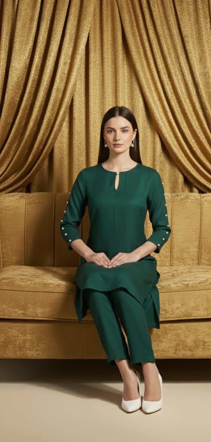 Sophisticated Pearl Detail Co-ord Set For Women, Elegant Shirt Pearl Work Top With Tailored Straight Pants.