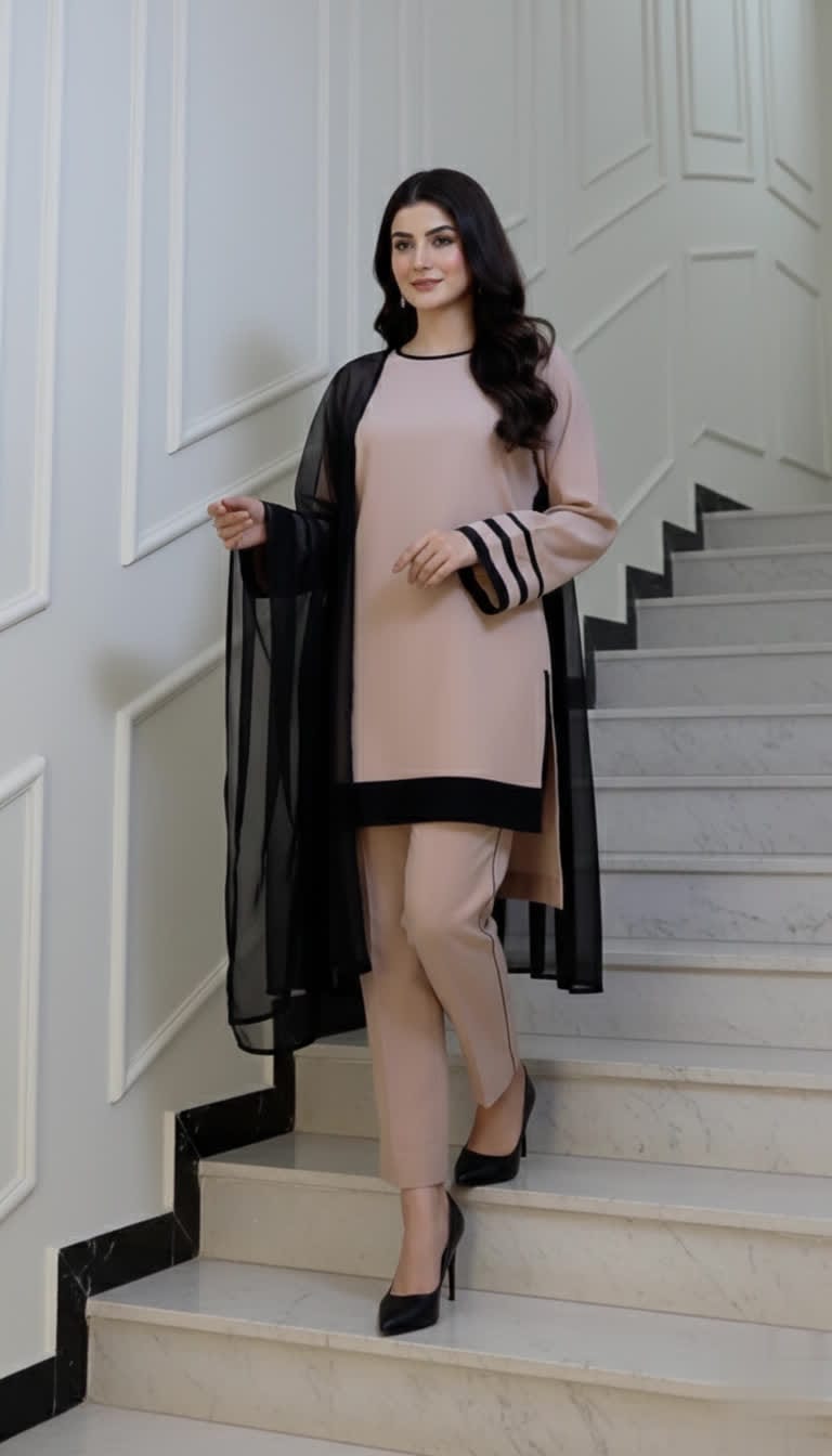 Minimalist Beige Straight Kurta & Trouser Set With Black Stripe Contrast, Premium Rayon Comfort And Elegant Chiffon Dupatta.