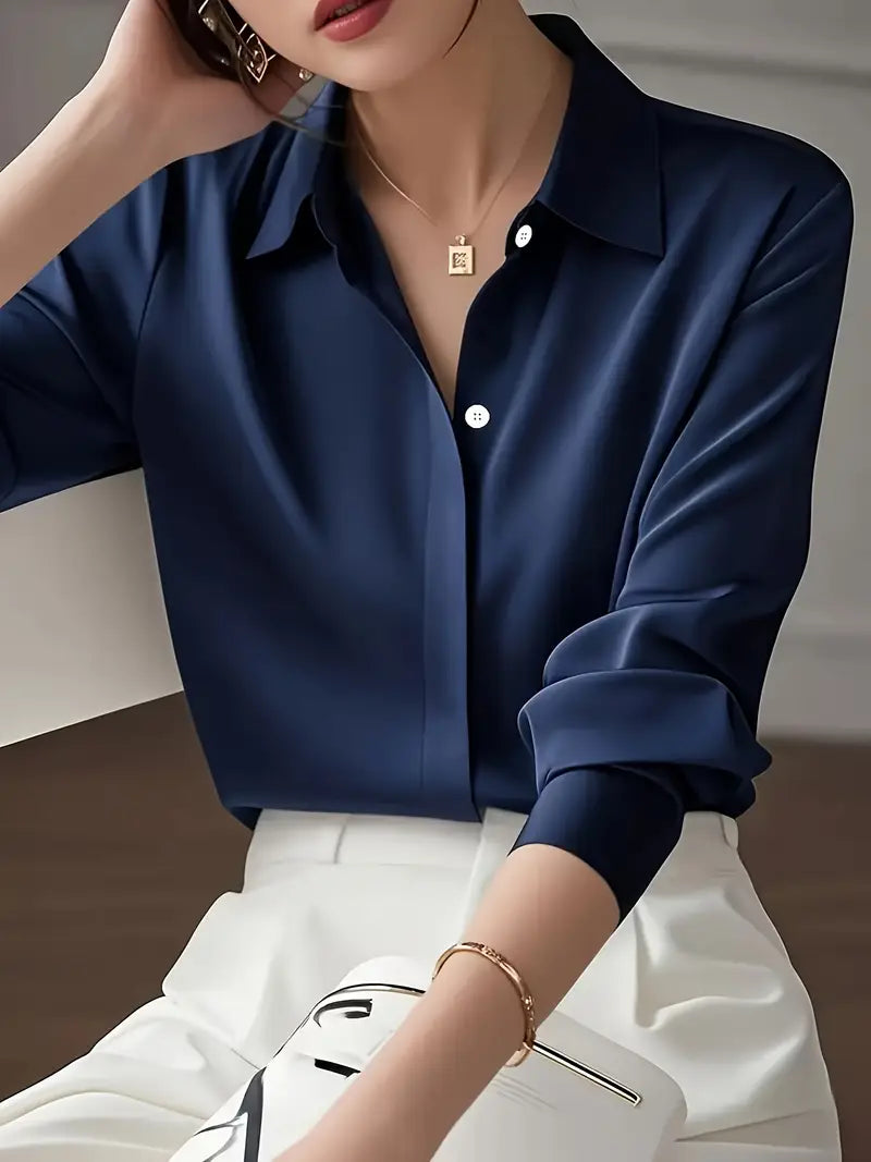 Elegant Long Sleeve Blouse, Classic Solid Color Button-Up Shirt With Lapel Collar, Office And Casual Wear