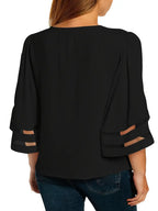 Elegant V-Neck T-Shirt – 3/4 Sleeve  Blouse With Breathable Mesh Panel Top For Casual & Everyday Wear