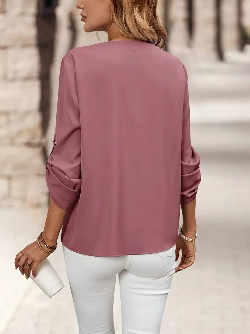 Button-Up Women’s Shirt, V-Neck Long Sleeve Blouse With Sophisticated Design, Casual And Office Fashion Top