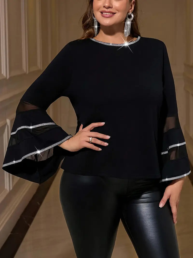 Women's Elegant Bell Sleeve Blouse – Elastic Waistband & Ruffle Detail, Round Neck Stretchy Top In Black & White Contrast – Nontransparent Fabric