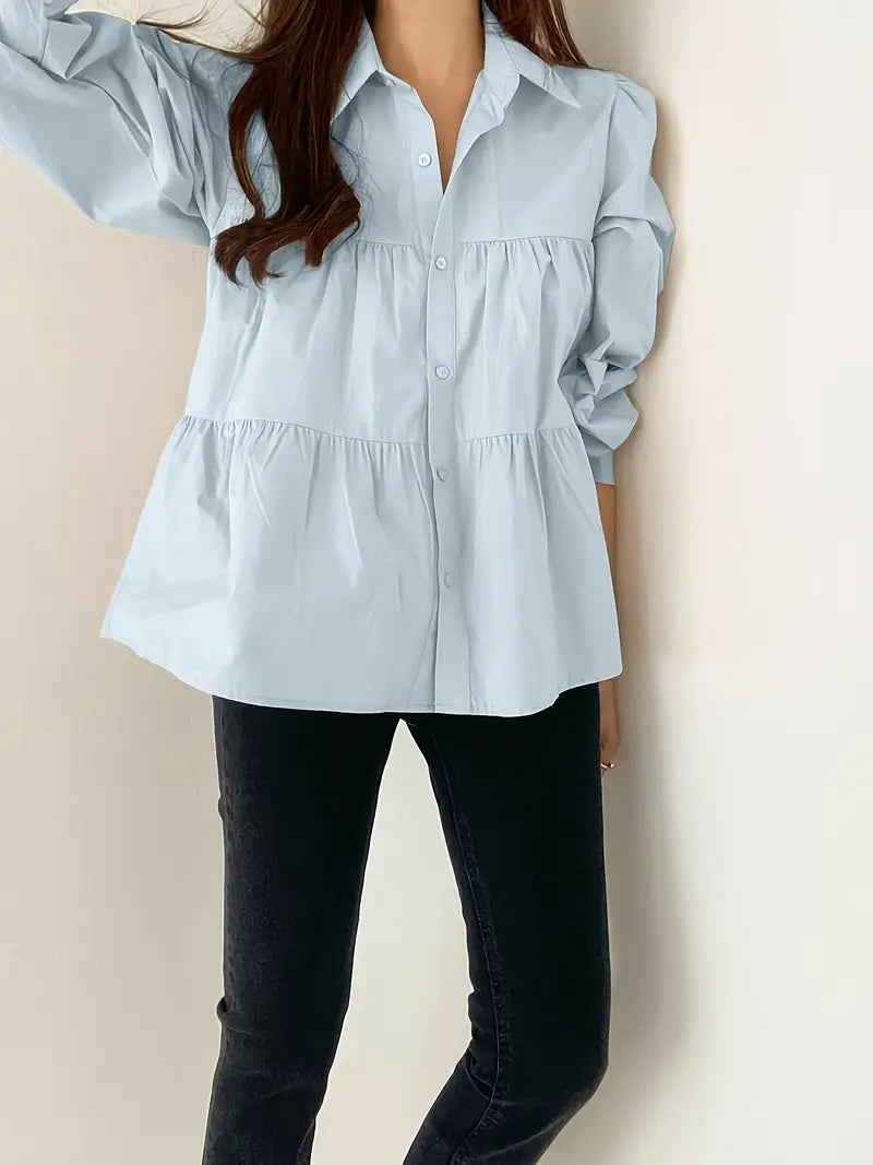 Elegant Puff Sleeve Blouse Single-Breasted Shirt With Stand Collar, Zip Placket, Professional Corporate Attire