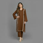 Modern Lace Kurta Co-ord Set, Stylish Long Kurta With Florals & Straight Pants With Stand Collar & Decorative Buttons.