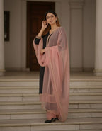 Elegant Black And Pink Kamiz Set For Women – Karchupi Lace Long Shirt, Bunon Pants & Soft Maslin Dupatta.